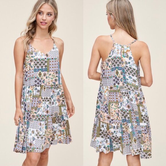 Staccato Boho Patchwork Swing Tank Dress Women's Size Large Flowy Sundress - Picture 1 of 9